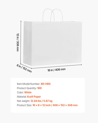 Kraft Paper Bags with Handles, 100Pcs 16 x 6 x 12 in, Large Paper Grocery Bags, Reusable & Recycled Take-Out Sacks, Plain Party Bag Bulk for Birthday, Wedding, Business, Goody, White