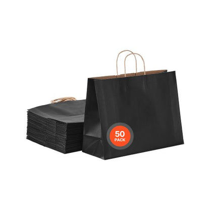 Kraft Paper Bags with Handles, 50Pcs 16 x 6 x 12 in, Large Paper Grocery Bags, Reusable & Recycled Take-Out Sacks, Plain Party Bag Bulk for Birthday, Wedding, Business, Goody, Black