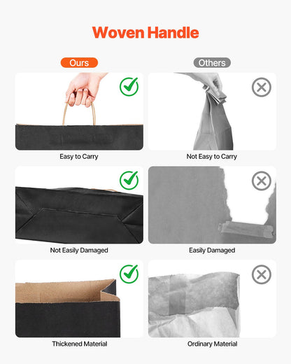 Kraft Paper Bags with Handles, 50Pcs 16 x 6 x 12 in, Large Paper Grocery Bags, Reusable & Recycled Take-Out Sacks, Plain Party Bag Bulk for Birthday, Wedding, Business, Goody, Black