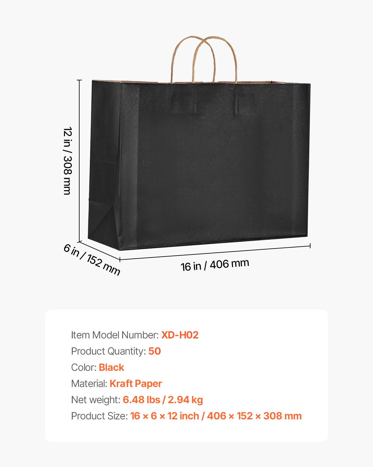 Kraft Paper Bags with Handles, 50Pcs 16 x 6 x 12 in, Large Paper Grocery Bags, Reusable & Recycled Take-Out Sacks, Plain Party Bag Bulk for Birthday, Wedding, Business, Goody, Black