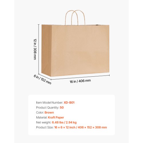 Kraft paper bags with handles 50 pcs 16x6x12 in party bag brown | EU