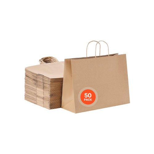 Kraft Paper Bags with Handles, 50Pcs 16 x 6 x 12 in, Large Paper Grocery Bags, Reusable & Recycled Brown Take-Out Sacks, Plain Party Bag Bulk for Birthday, Wedding, Business, Goody, Craft