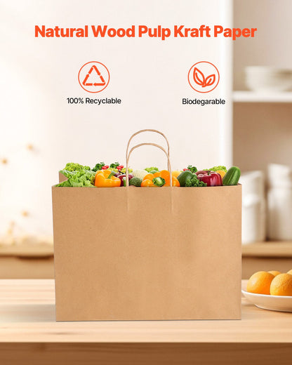 Kraft Paper Bags with Handles, 50Pcs 16 x 6 x 12 in, Large Paper Grocery Bags, Reusable & Recycled Brown Take-Out Sacks, Plain Party Bag Bulk for Birthday, Wedding, Business, Goody, Craft