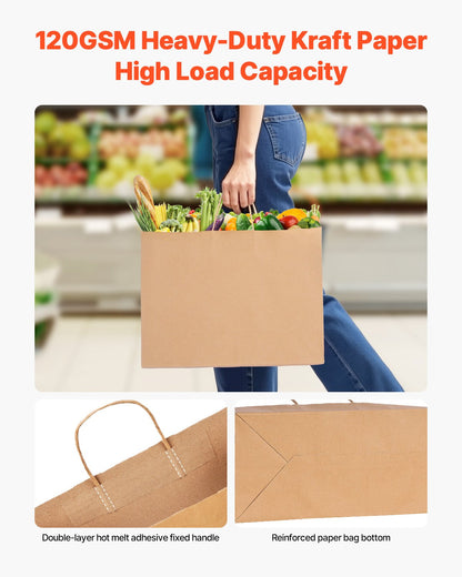 Kraft Paper Bags with Handles, 50Pcs 16 x 6 x 12 in, Large Paper Grocery Bags, Reusable & Recycled Brown Take-Out Sacks, Plain Party Bag Bulk for Birthday, Wedding, Business, Goody, Craft
