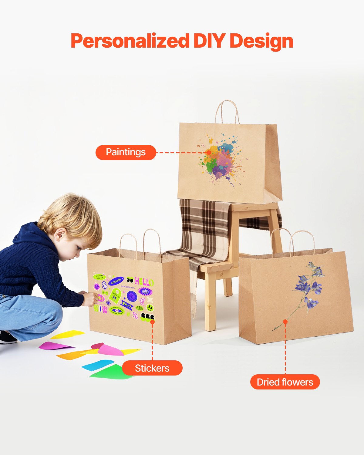 Kraft Paper Bags with Handles, 50Pcs 16 x 6 x 12 in, Large Paper Grocery Bags, Reusable & Recycled Brown Take-Out Sacks, Plain Party Bag Bulk for Birthday, Wedding, Business, Goody, Craft