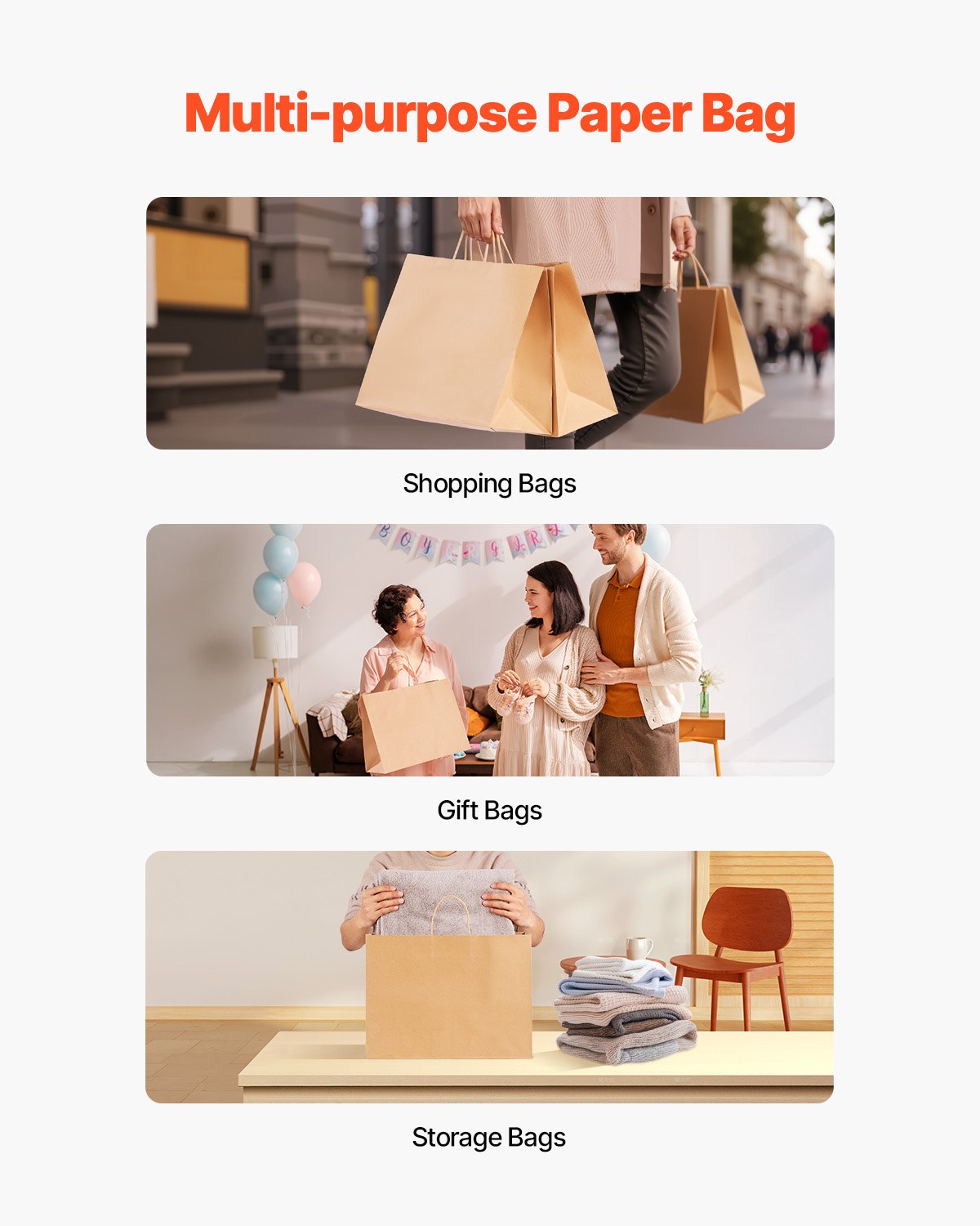 Kraft Paper Bags with Handles, 50Pcs 16 x 6 x 12 in, Large Paper Grocery Bags, Reusable & Recycled Brown Take-Out Sacks, Plain Party Bag Bulk for Birthday, Wedding, Business, Goody, Craft