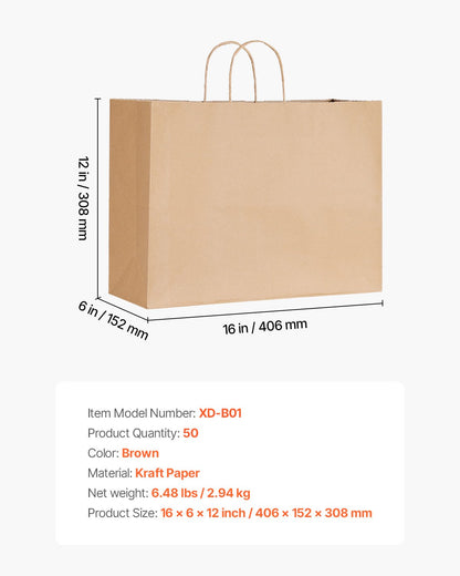 Kraft Paper Bags with Handles, 50Pcs 16 x 6 x 12 in, Large Paper Grocery Bags, Reusable & Recycled Brown Take-Out Sacks, Plain Party Bag Bulk for Birthday, Wedding, Business, Goody, Craft