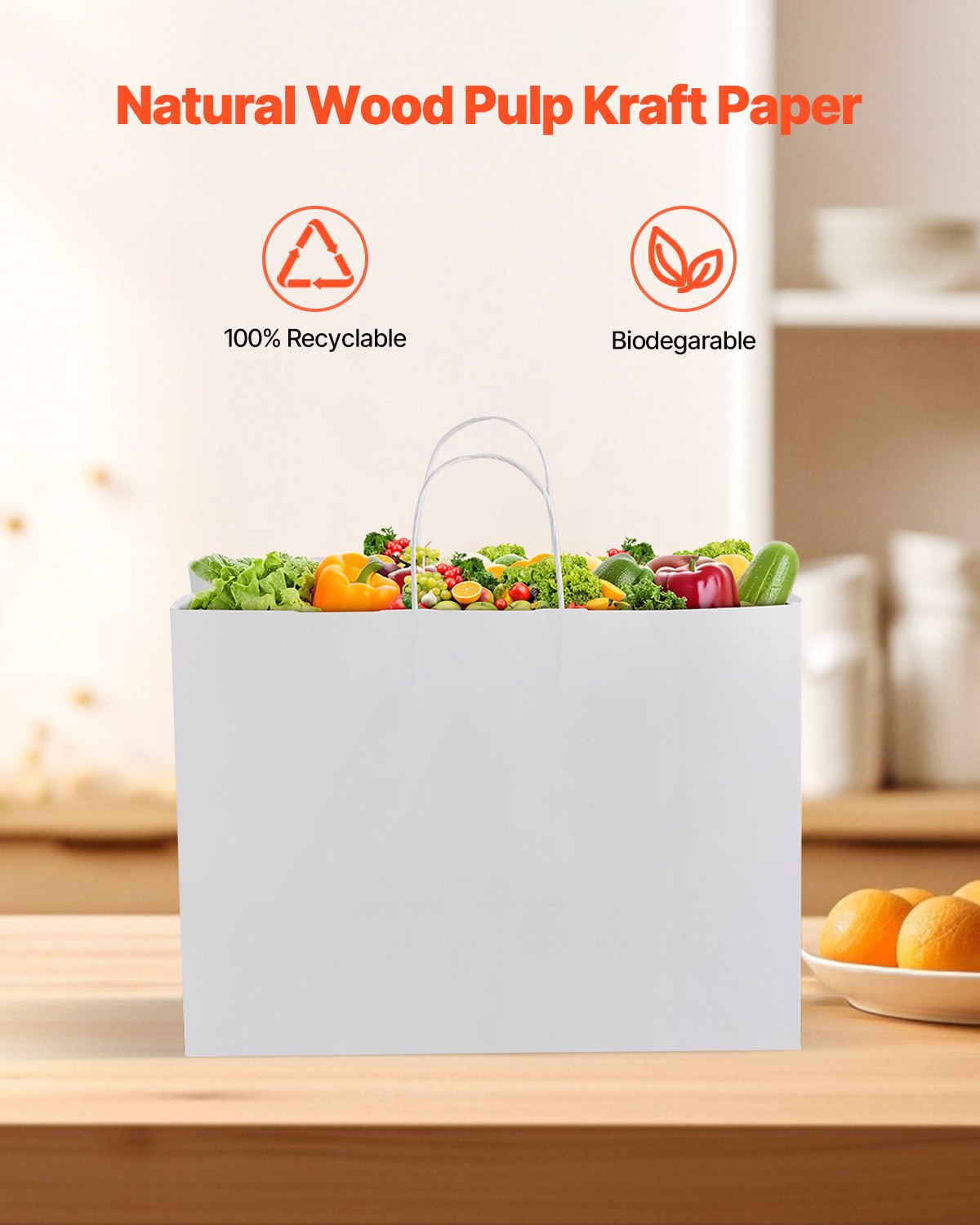 Kraft Paper Bags with Handles, 50Pcs 16 x 6 x 12 in, Large Paper Grocery Bags, Reusable & Recycled Take-Out Sacks, Plain Party Bag Bulk for Birthday, Wedding, Business, Goody, White