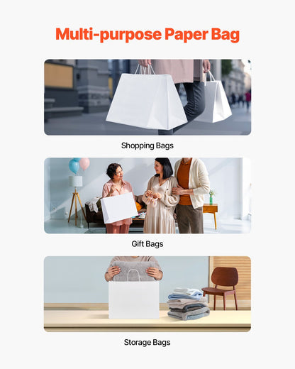 Kraft Paper Bags with Handles, 50Pcs 16 x 6 x 12 in, Large Paper Grocery Bags, Reusable & Recycled Take-Out Sacks, Plain Party Bag Bulk for Birthday, Wedding, Business, Goody, White