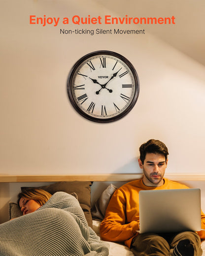 Wall Clock, 20 in Wall Clock Roman Numerals, Battery Operated Non Ticking Silent Classic Decorative Round Clocks, for Living Room Bedroom Office Kitchen Dining Room Home Decor Farmhouse, Brown