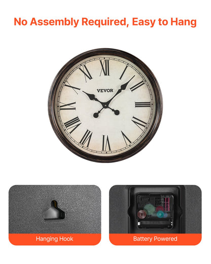 Wall Clock, 20 in Wall Clock Roman Numerals, Battery Operated Non Ticking Silent Classic Decorative Round Clocks, for Living Room Bedroom Office Kitchen Dining Room Home Decor Farmhouse, Brown