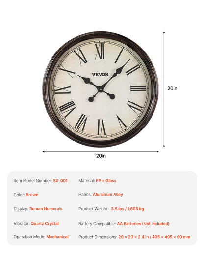Wall Clock, 20 in Wall Clock Roman Numerals, Battery Operated Non Ticking Silent Classic Decorative Round Clocks, for Living Room Bedroom Office Kitchen Dining Room Home Decor Farmhouse, Brown