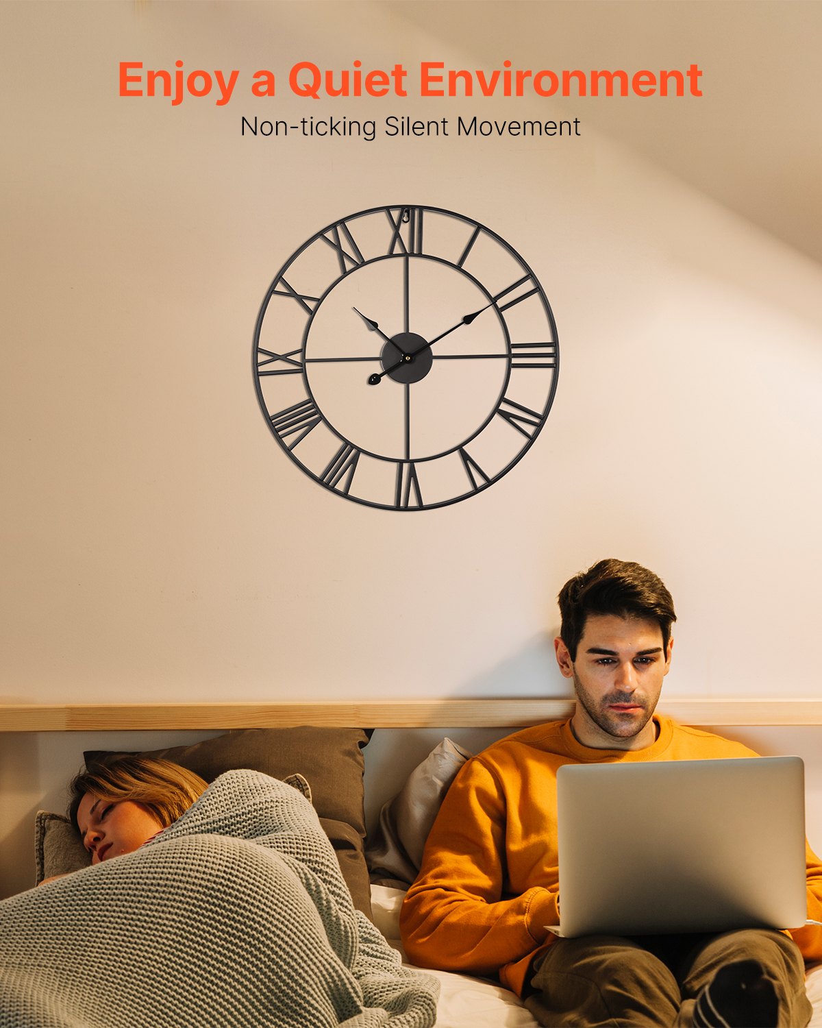 Wall Clock, 24 in Wall Clock Roman Numerals, Battery Operated Non Ticking Silent Classic Decorative Round Clocks, for Living Room Bedroom Office Kitchen Dining Room Home Decor Farmhouse, Black