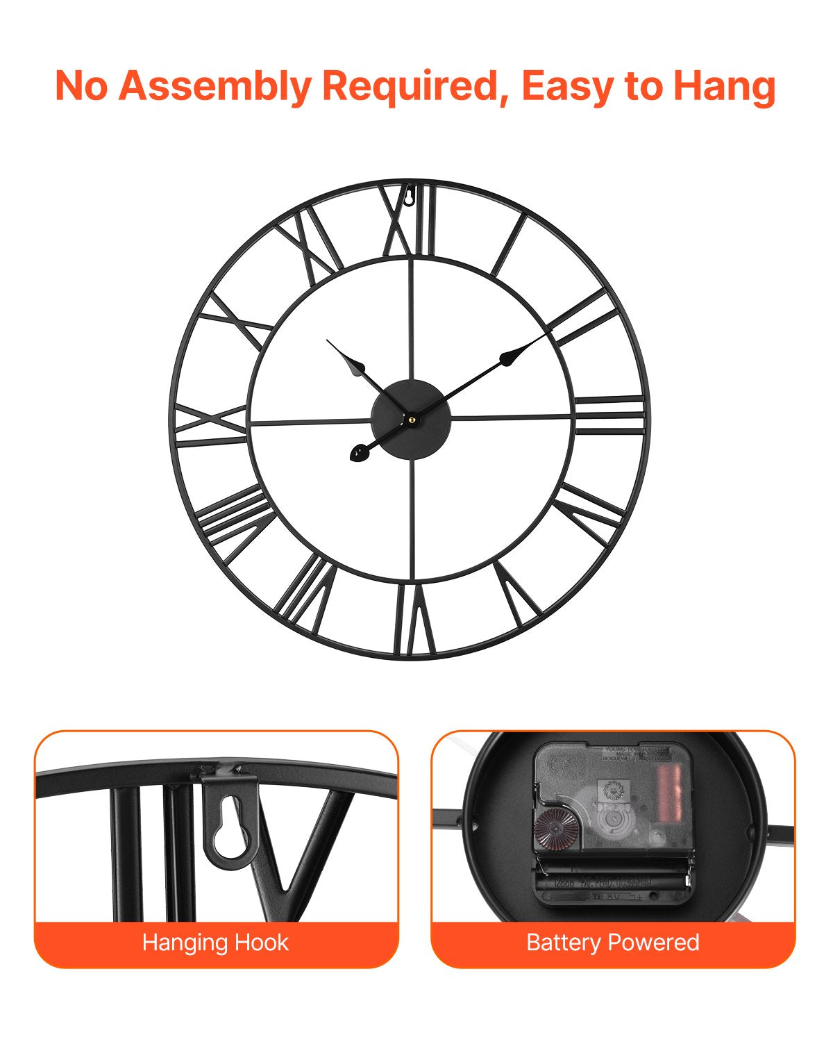 Wall Clock, 24 in Wall Clock Roman Numerals, Battery Operated Non Ticking Silent Classic Decorative Round Clocks, for Living Room Bedroom Office Kitchen Dining Room Home Decor Farmhouse, Black