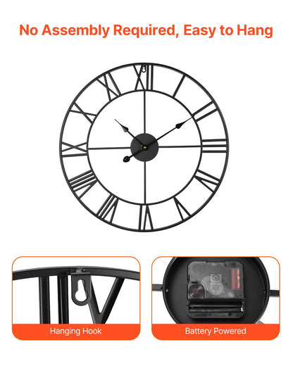 Wall Clock, 24 in Wall Clock Roman Numerals, Battery Operated Non Ticking Silent Classic Decorative Round Clocks, for Living Room Bedroom Office Kitchen Dining Room Home Decor Farmhouse, Black