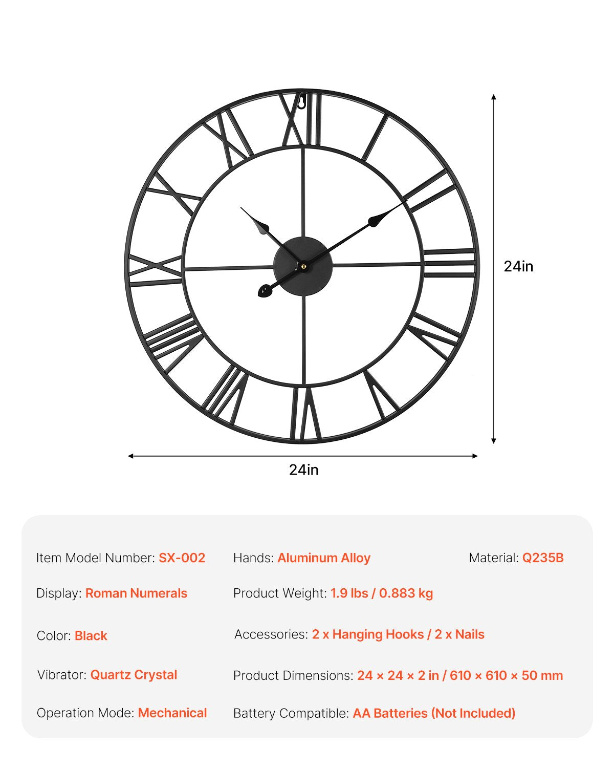 Wall Clock, 24 in Wall Clock Roman Numerals, Battery Operated Non Ticking Silent Classic Decorative Round Clocks, for Living Room Bedroom Office Kitchen Dining Room Home Decor Farmhouse, Black