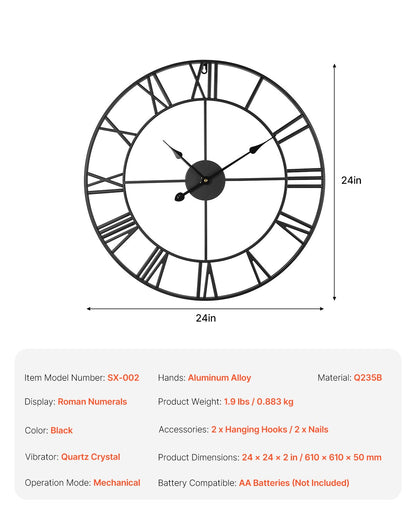 Wall Clock, 24 in Wall Clock Roman Numerals, Battery Operated Non Ticking Silent Classic Decorative Round Clocks, for Living Room Bedroom Office Kitchen Dining Room Home Decor Farmhouse, Black