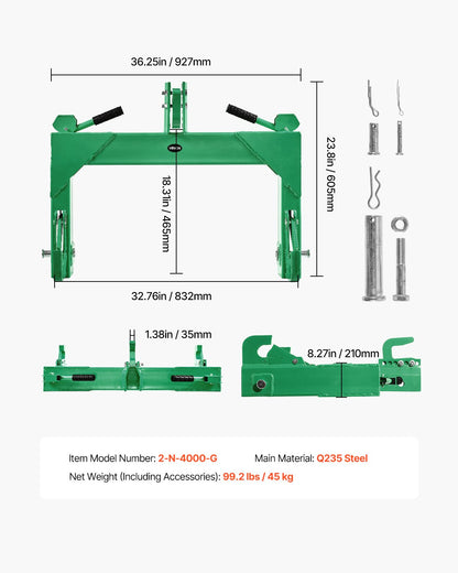 3-Point Quick Hitch, 4000 Lbs Lift Capacity, 3-Pt Trailer Hitch with 5 Level Adjustable Bolt, Adaptation to Category 2 Tractor, Heavy Duty 3 Point Attachments, Green