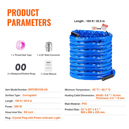 100ft Heated Water Hose for RV, Heated Drinking Water Hose with Corrugated Cover Antifreeze to -45°F, Automatic Self-regulating, 5/8" I.D. with 3/4" GHT Adapter, Lead and BPA Free