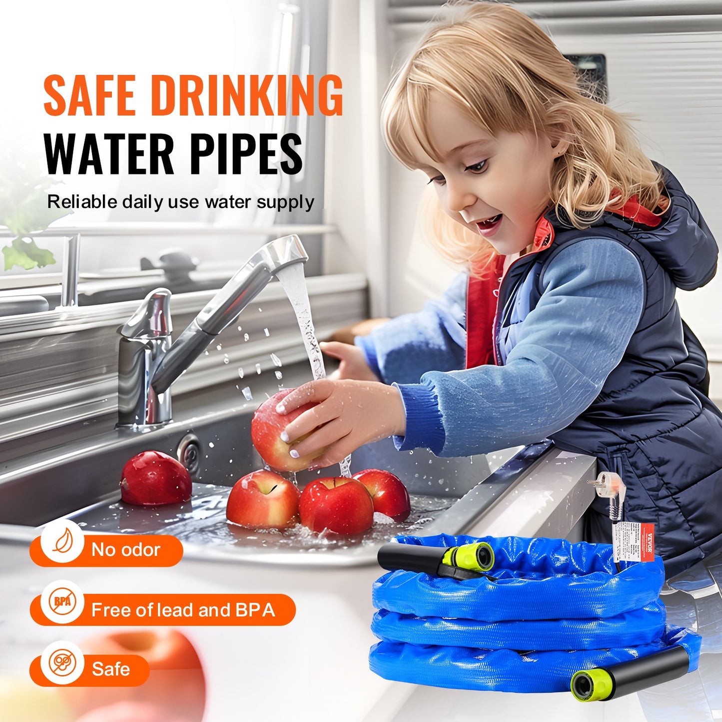 15ft Heated Water Hose for RV, Heated Drinking Water Hose with Corrugated Cover Antifreeze to -45°F, Automatic Self-regulating, 5/8" I.D. with 3/4" GHT Adapter, Lead and BPA Free