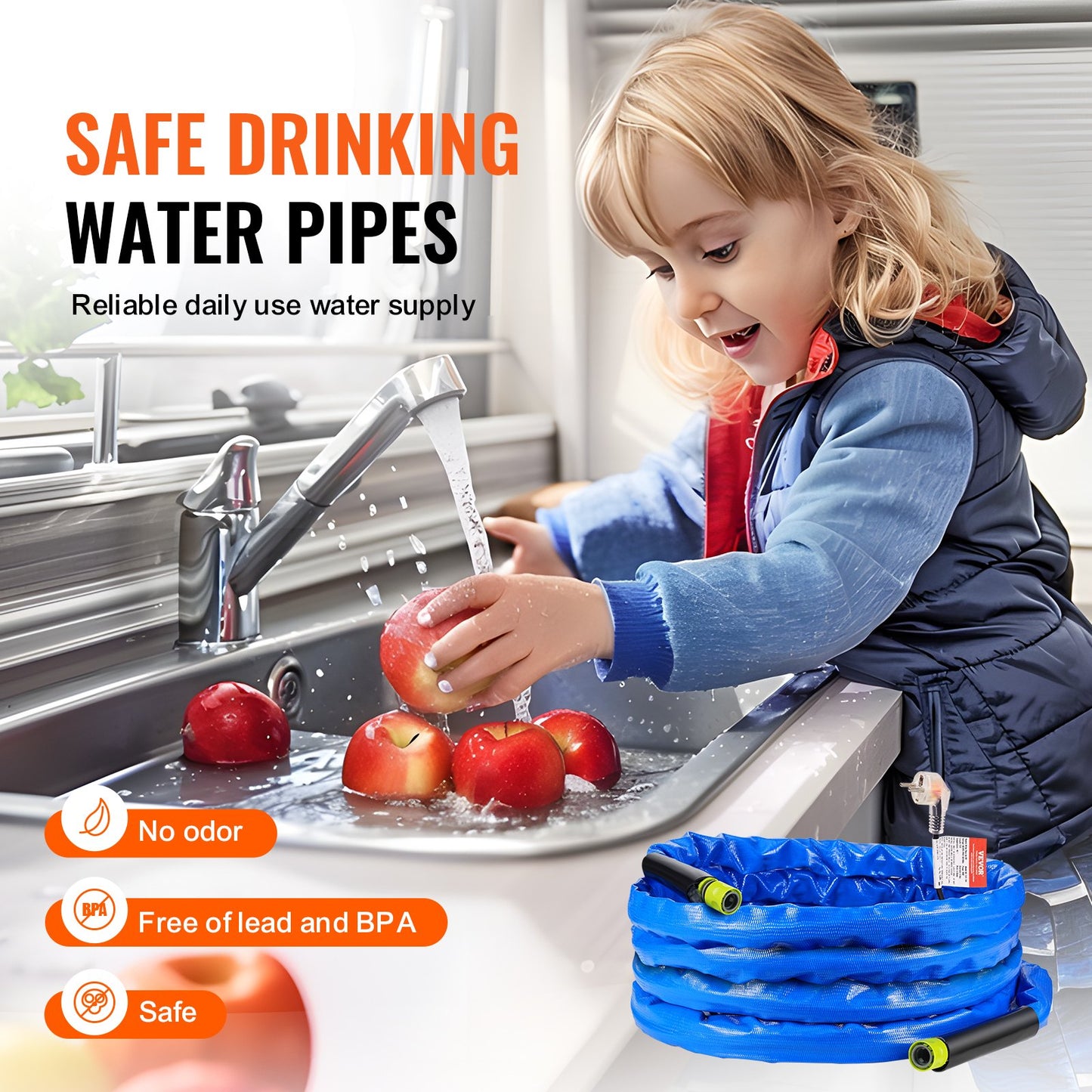 25ft Heated Water Hose for RV, Heated Drinking Water Hose with Corrugated Cover Antifreeze to -45°F, Automatic Self-regulating, 5/8" I.D. with 3/4" GHT Adapter, Lead and BPA Free