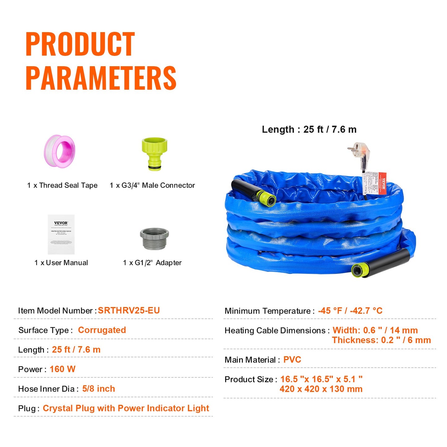 25 Fuß beheizter Wasserschlauch für Wohnmobil -45℉ Frostschutz-Trinkwasserschlauch
