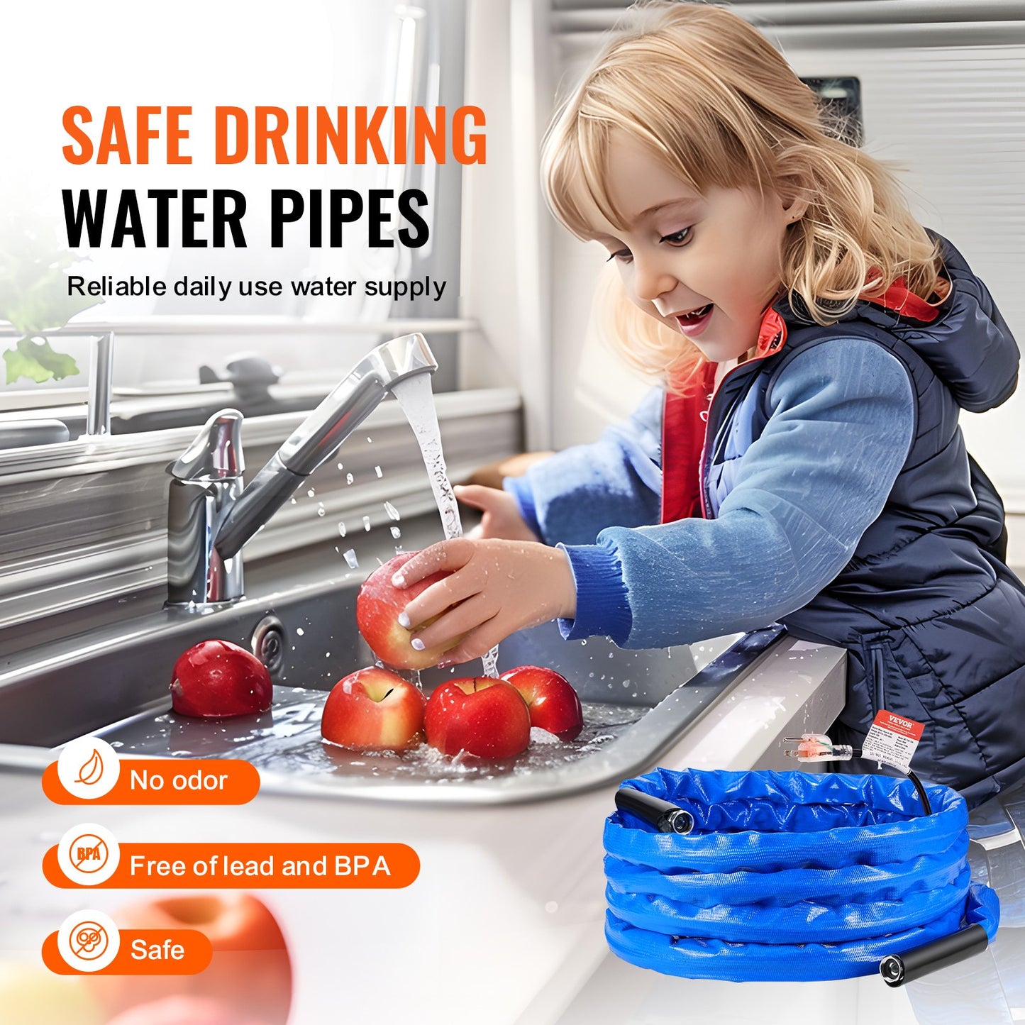30ft Heated Water Hose for RV, Heated Drinking Water Hose with Corrugated Cover Antifreeze to -45°F, Automatic Self-regulating, 5/8" I.D. with 3/4" GHT Adapter, Lead and BPA Free
