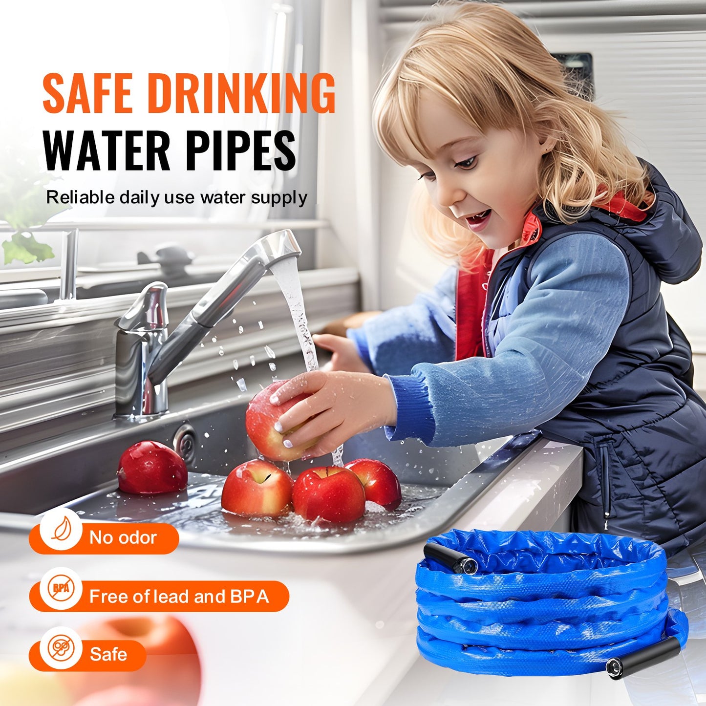 50ft Heated Water Hose for RV, Heated Drinking Water Hose with Corrugated Cover Antifreeze to -45°F, Automatic Self-regulating, 5/8" I.D. with 3/4" GHT Adapter, Lead and BPA Free