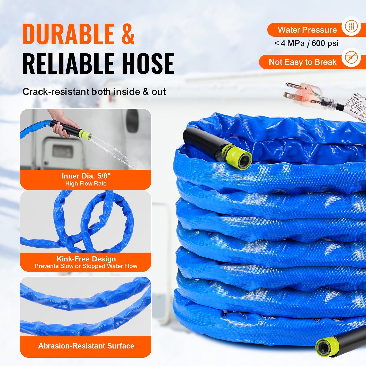 50ft Heated Water Hose for RV -45℉ Anti-Freeze Heated Drinking Water Hose