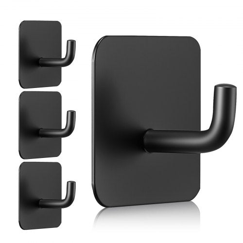 Adhesive Hooks, 4 Pack Self-Adhesive Towel Coat Hooks, Heavy-Duty Wall Hook Hold 15 lbs (Max), Stainless Steel Sticky Hanger, for Bathroom, Kitchen, Hanging Towel, Coat & Keys (Matte Black)