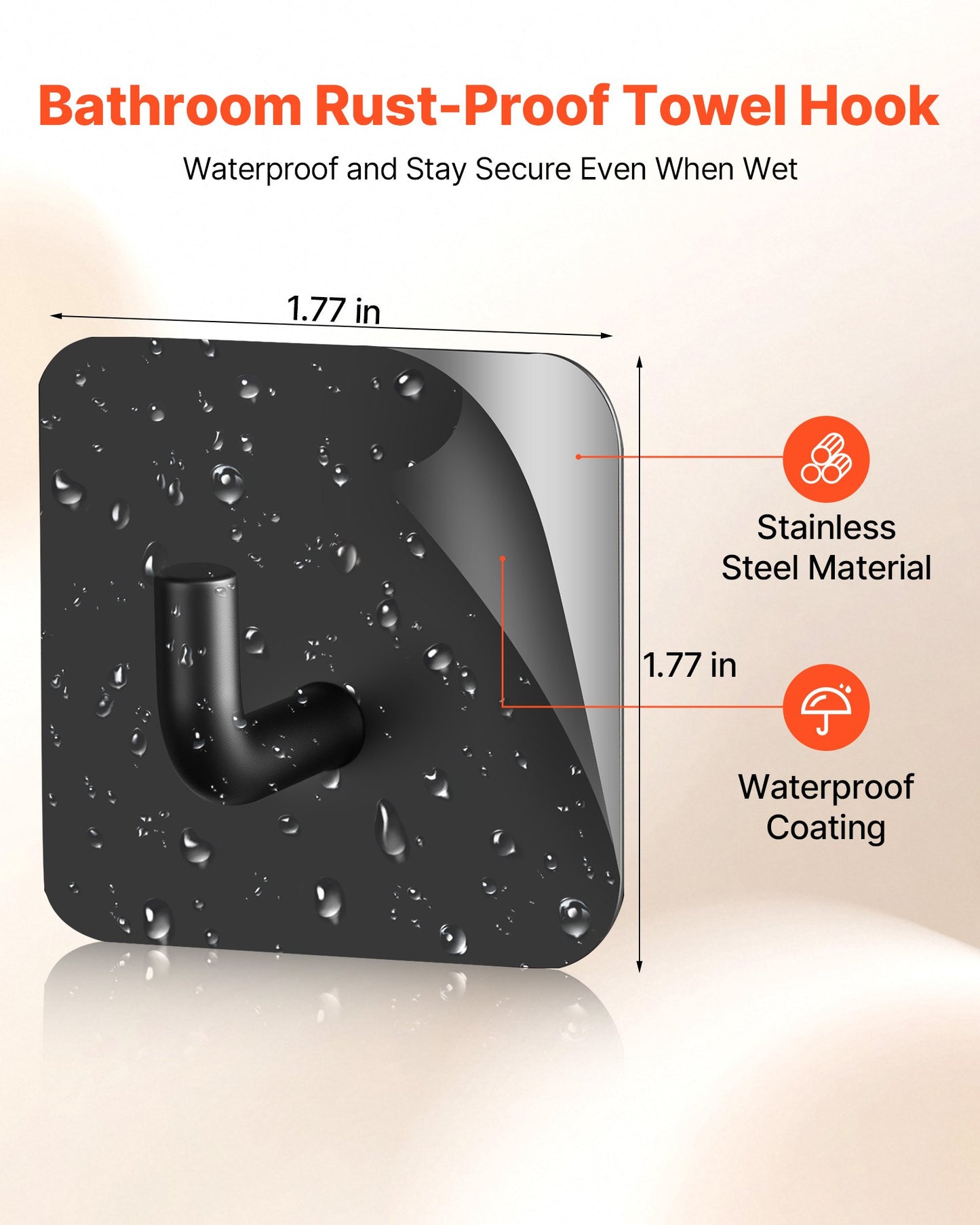 Adhesive Hooks, 4 Pack Self-Adhesive Towel Coat Hooks, Heavy-Duty Wall Hook Hold 15 lbs (Max), Stainless Steel Sticky Hanger, for Bathroom, Kitchen, Hanging Towel, Coat & Keys (Matte Black)