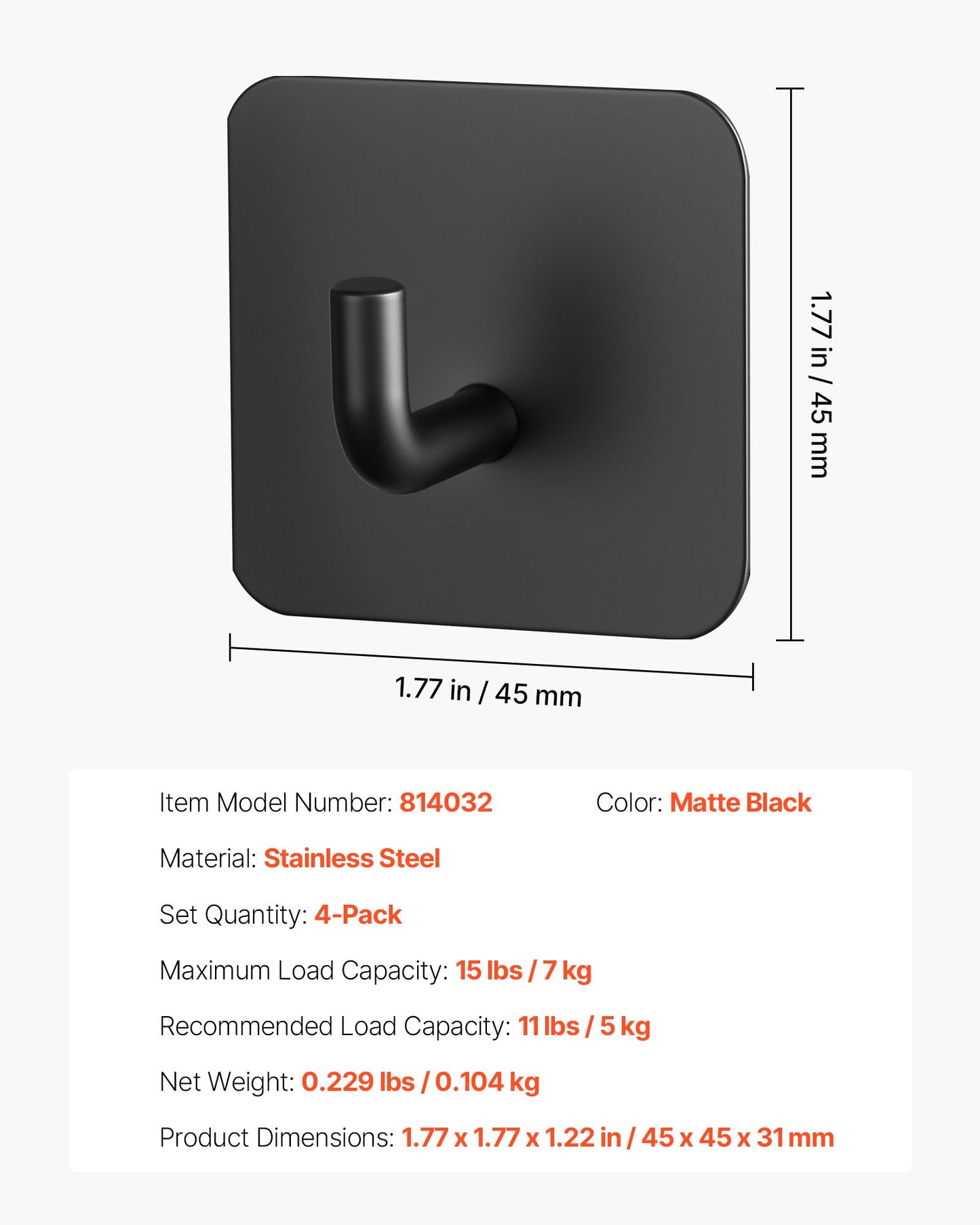 Adhesive Hooks, 4 Pack Self-Adhesive Towel Coat Hooks, Heavy-Duty Wall Hook Hold 15 lbs (Max), Stainless Steel Sticky Hanger, for Bathroom, Kitchen, Hanging Towel, Coat & Keys (Matte Black)