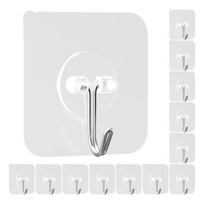 Adhesive Hooks, 12 Pack Self-Adhesive Towel Coat Hooks, Heavy-Duty Wall Hook Hold 15 lbs (Max), Stainless Steel Sticky Hanger, for Bathroom, Kitchen, Hanging Towel, Coat & Keys (Transparent)