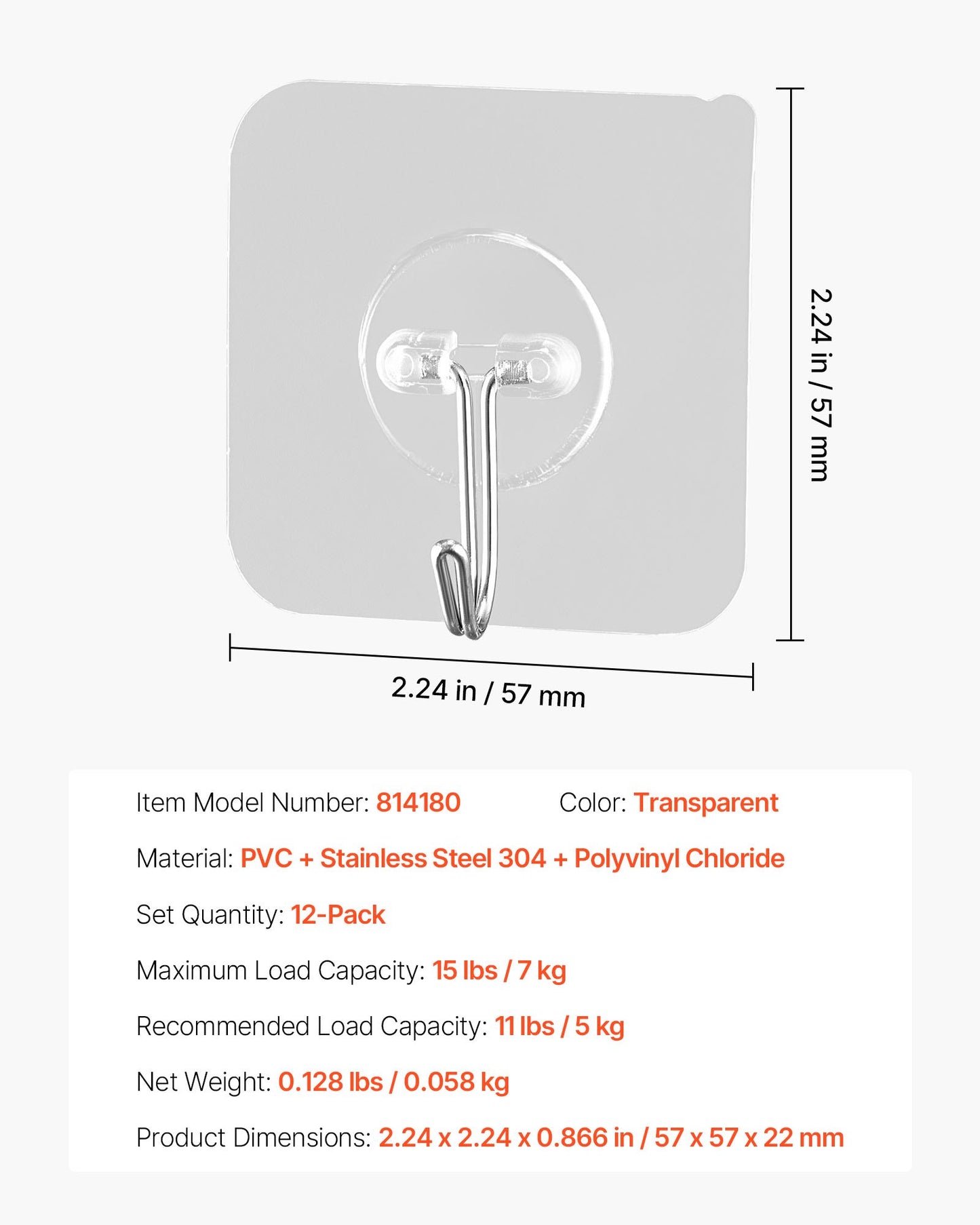 Adhesive Hooks, 12 Pack Self-Adhesive Towel Coat Hooks, Heavy-Duty Wall Hook Hold 15 lbs (Max), Stainless Steel Sticky Hanger, for Bathroom, Kitchen, Hanging Towel, Coat & Keys (Transparent)