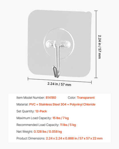 Adhesive Hooks, 12 Pack Self-Adhesive Towel Coat Hooks, Heavy-Duty Wall Hook Hold 15 lbs (Max), Stainless Steel Sticky Hanger, for Bathroom, Kitchen, Hanging Towel, Coat & Keys (Transparent)