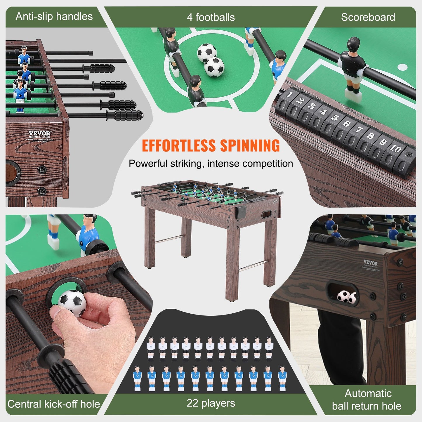 Foosball Table, 48 Inch Standard Size Foosball Table, Full Size Indoor Foosball Table for Home, Family and Game Room, Football with Foosball Table, Includes 2 Balls and 2 Cup Holders