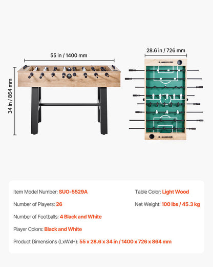 Foosball Table, 55 inch Standard Size Table, Indoor Full Size Foosball Tables for Home, Family, and Game Room, Durable Soccer Set, Includes 4 Balls, Score Keeper, and 2 Cup Holders