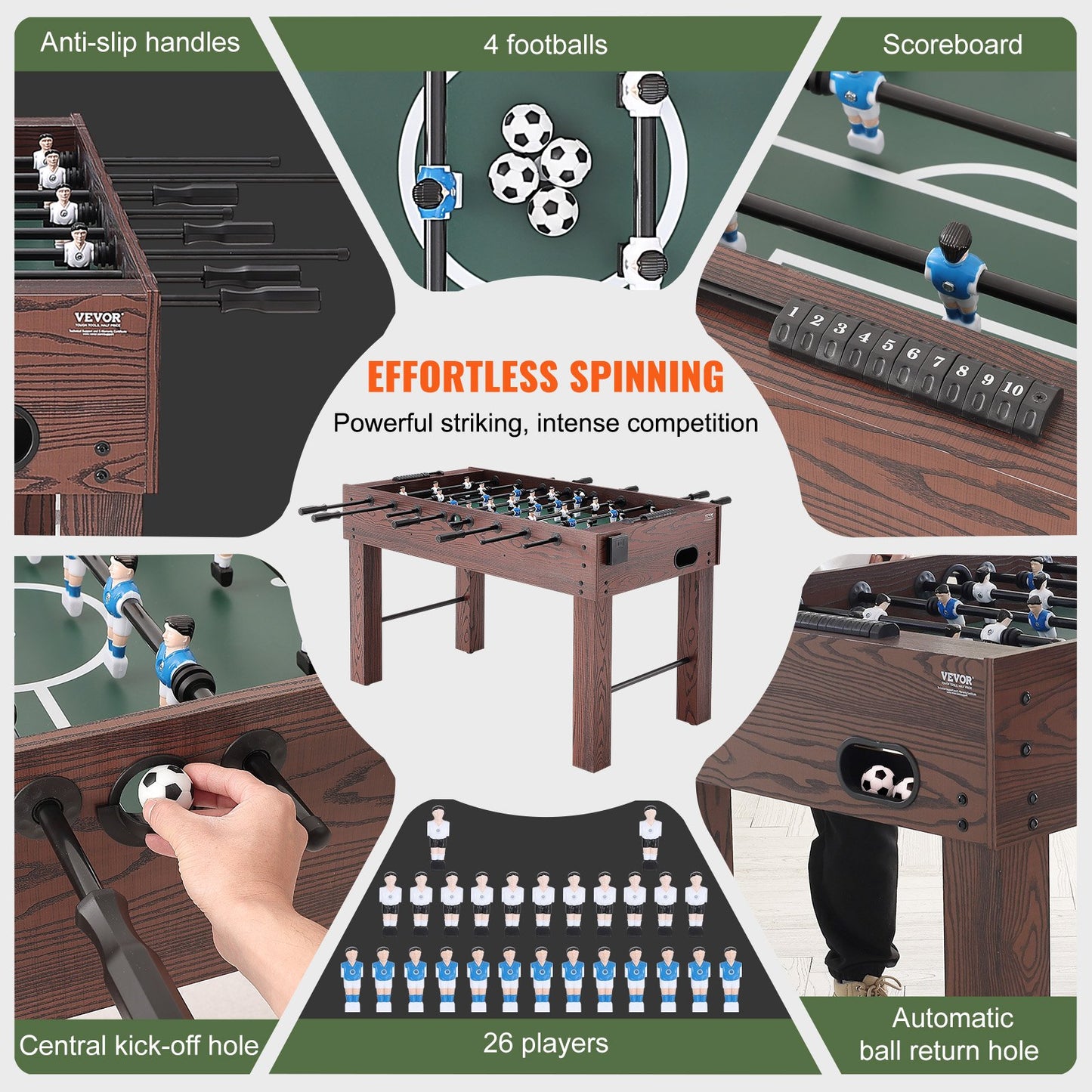 Foosball Table, 55 Inch Standard Size Foosball Table, Full Size Indoor Foosball Table for Home, Family and Game Room, Football with Foosball Table, Includes 4 Balls and 2 Cup Holders