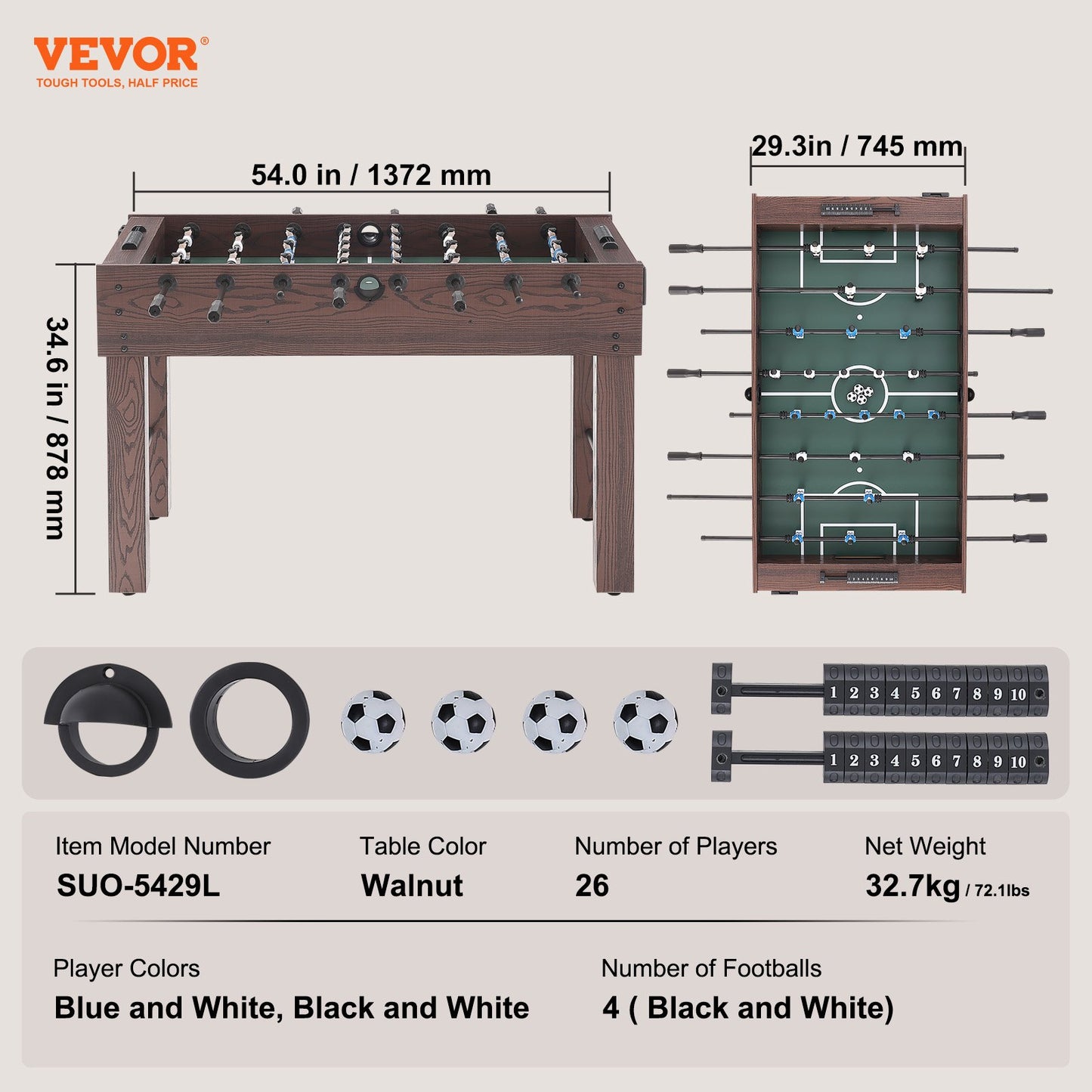 Foosball Table, 55 inch Standard Size Foosball Table, Indoor Full Size Foosball Table for Home, Family, and Game Room, Soccer with Foosball Table Set, Includes 4 Balls and 2 Cup Holders