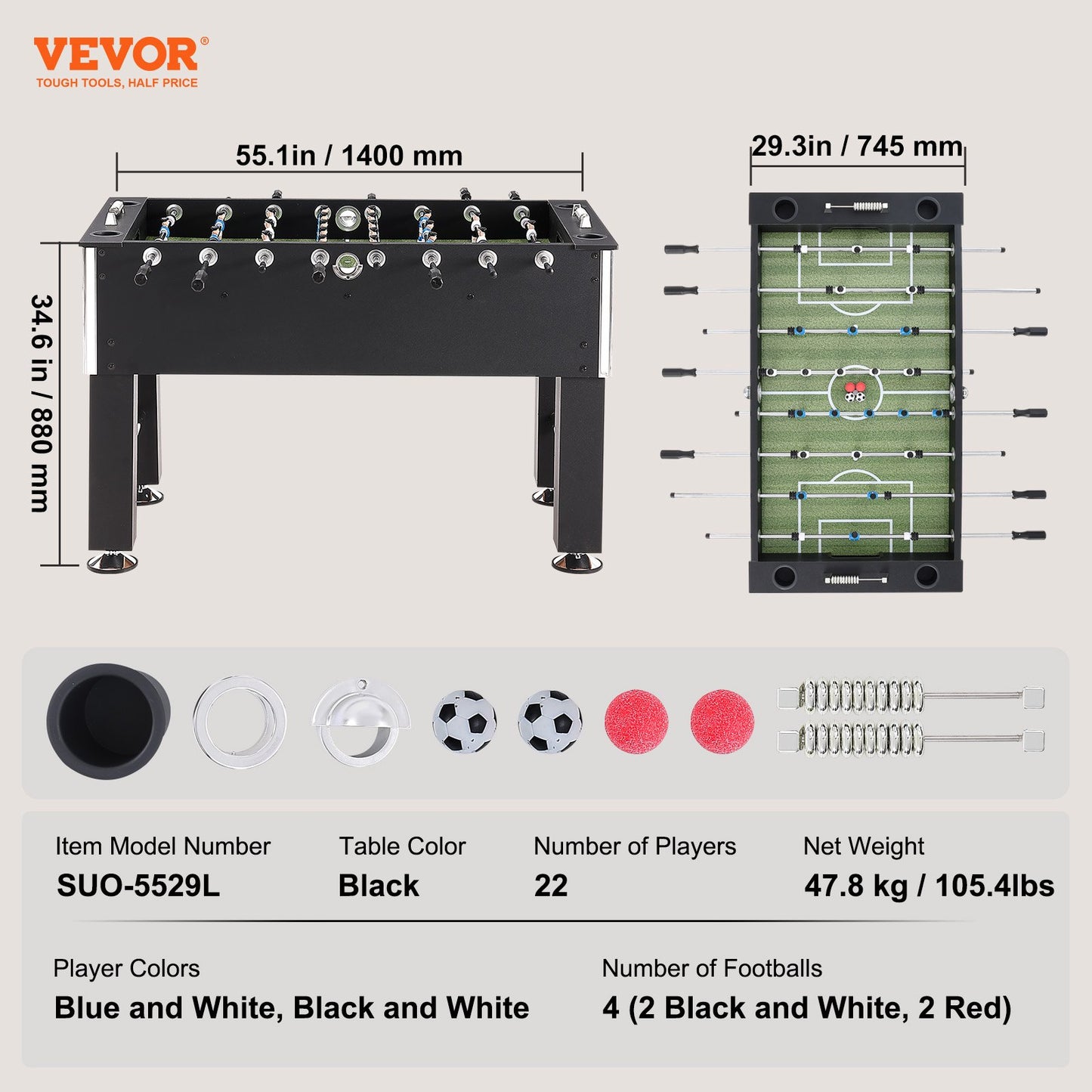 Foosball Table, 55 Inch Standard Size Foosball Table, Full Size Indoor Foosball Table for Home, Family and Game Room, Football with Foosball Table, Includes 4 Balls and 4 Cup Holders