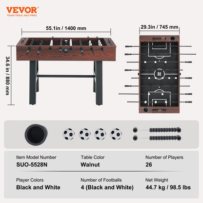 Foosball Table, 55 inch Standard Size Foosball Table, Indoor Full Size Foosball Table for Home, Family, and Game Room, Soccer with Foosball Table Set, Includes 4 Balls and 2 Cup Holders