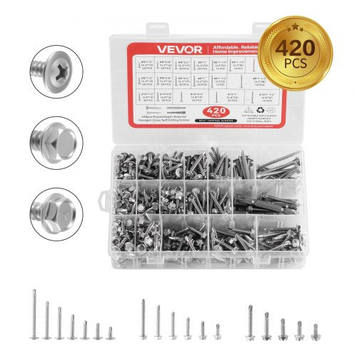 420 PCS Self Drilling Screws, Stainless Steel #8 #10 Sheet Metal Screw Assortment Kit for Metal and Wood, Phillips Truss Head & Hex Head Self Tapping Screws, Length 1/2 Inch to 2 Inch, Silver