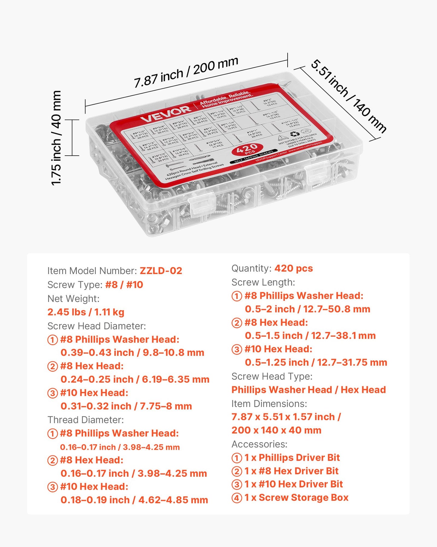 420 PCS Self Drilling Screws, Stainless Steel #8 #10 Sheet Metal Screw Assortment Kit for Metal and Wood, Phillips Truss Head & Hex Head Self Tapping Screws, Length 1/2 Inch to 2 Inch, Silver