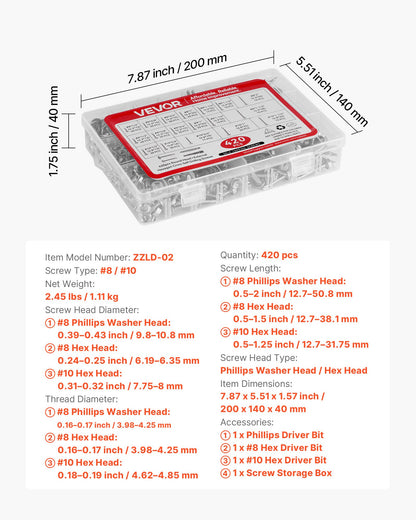 420 PCS Self Drilling Screws, Stainless Steel #8 #10 Sheet Metal Screw Assortment Kit for Metal and Wood, Phillips Truss Head & Hex Head Self Tapping Screws, Length 1/2 Inch to 2 Inch, Silver
