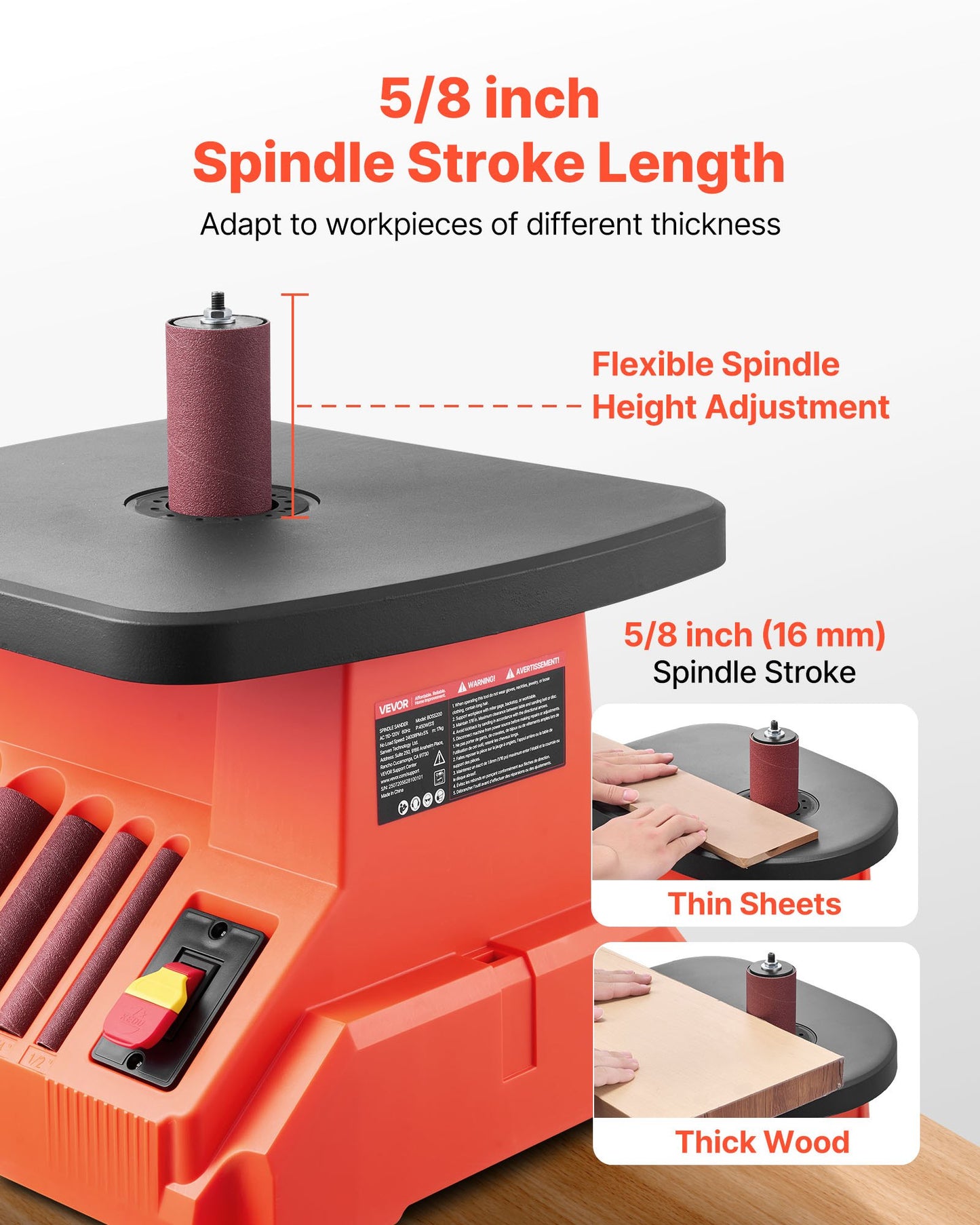 Oscillating Spindle Sander, 2400RPM Benchtop Spindle Sander with 6 Sleeves (1/2"-3"), 5/8" Stroke & 15.4 x 16.3-inch Wide Worktable for Furniture Finishing, Crafts Sanding, DIY Woodworking