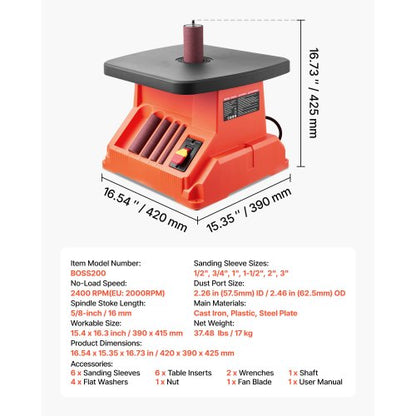 oscillerande spindelslip, 2000 varv/min bänkslip med 6 hylsor (12,7–76,2 mm), 16 mm slaglängd och 390 x 415 mm brett arbetsbord för möbelfinish, hantverksslipning, gör-det-själv-träbearbetning |  EU