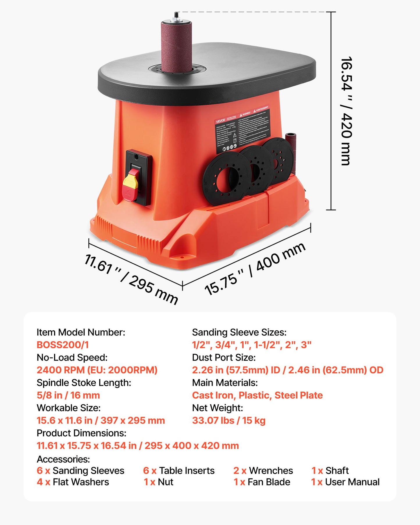 Oscillating Spindle Sander, 2400RPM Benchtop Spindle Sander with 6 Sleeves (1/2"-3"), 5/8" Stroke, 15.6" x 11.6" Cast Iron Worktable for Furniture Finishing, Crafts Sanding, DIY Woodworking