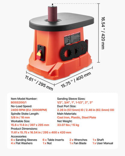 Oscillating Spindle Sander, 2400RPM Benchtop Spindle Sander with 6 Sleeves (1/2"-3"), 5/8" Stroke, 15.6" x 11.6" Cast Iron Worktable for Furniture Finishing, Crafts Sanding, DIY Woodworking
