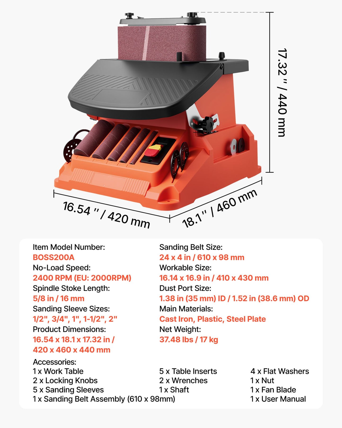 Oscillating Belt and Spindle Sander, 2400RPM Benchtop Spindle Sander with 5/8" Stroke, 5 Sleeves (1/2" - 2") & 24" x 3.86" Sanding Belt for Woodworking, Furniture Finishing, DIY Projects
