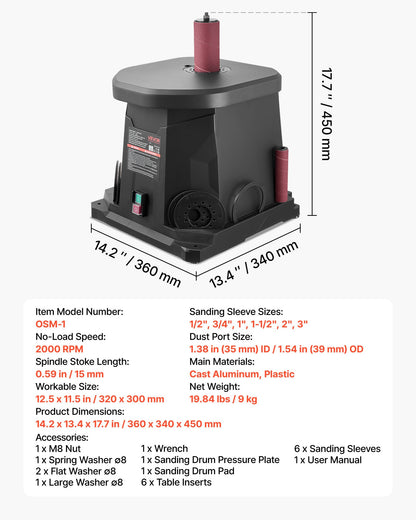 Oscillating Spindle Sander, 2000RPM Benchtop Spindle Sander with 6 Sleeves (1/2"-3"), 0.59" Stroke & Dust Connection Port for Furniture Finishing, Crafts Sanding, DIY Woodworking